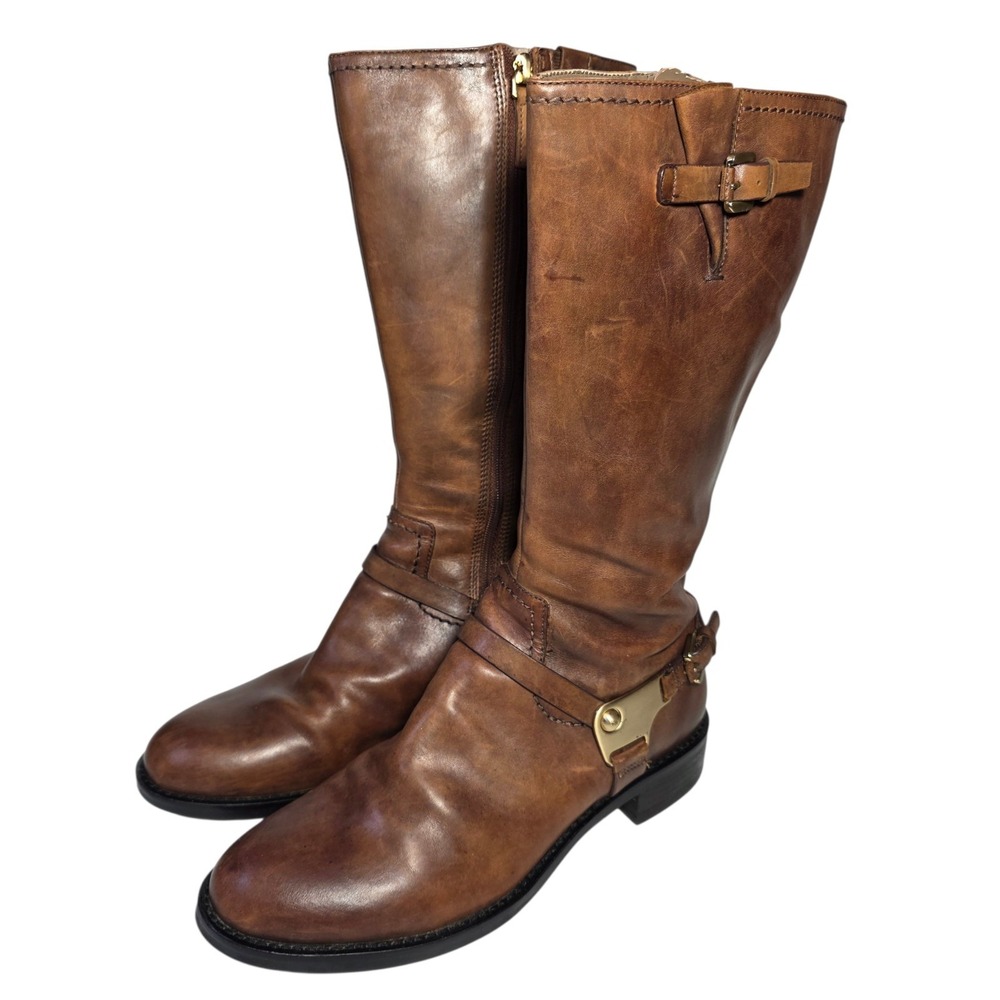ECCO Womens Tall Leather Boots Brown Side Zip Harness Strap EU 38 US 7-7.5